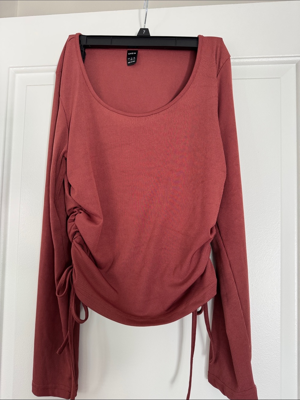 SHEIN Dusty Rose Ribbed Long-Sleeve Scoop Neck Top with Side Ruched Ties
